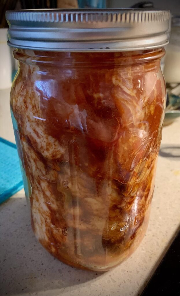 mason jar sous vide. Half Pork loin. Slightly trimmed to fit wide mouth jar. 137F/6ish hours. Cast iron sear.