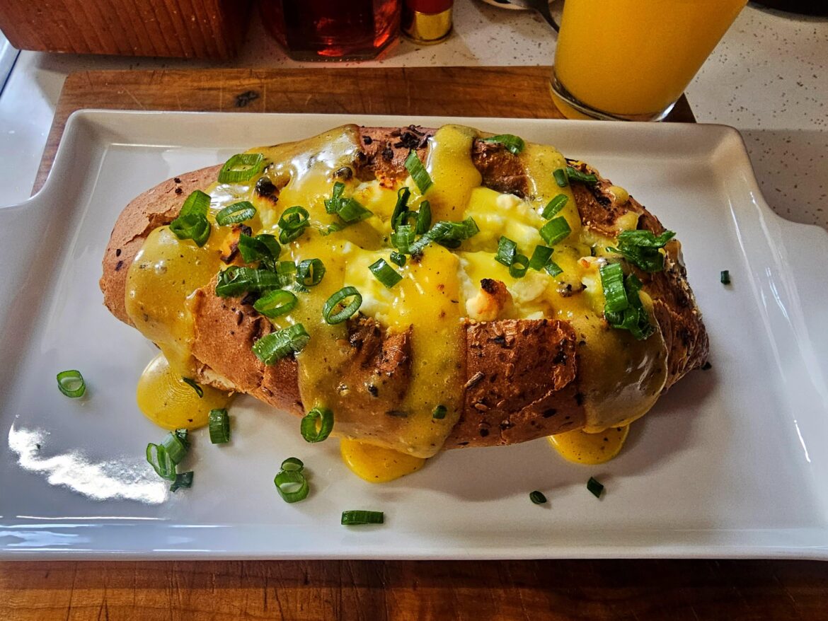 Egg/Spinach/Onion/Pepper/Feta Stuffed Bread w/ Hollandaise & Mimosas