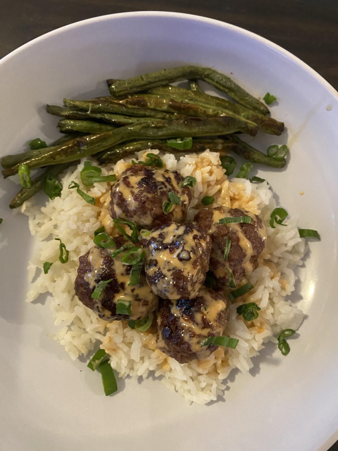 Firecracker meat balls w roasted green beans
