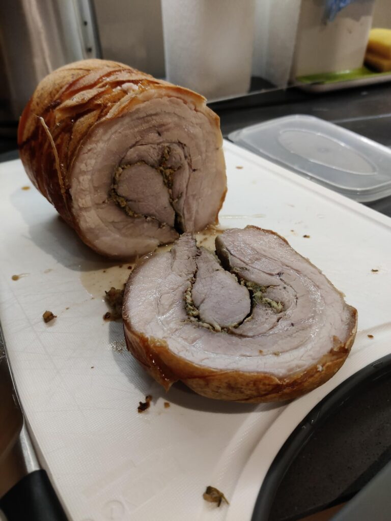 Porchetta style roast pork with the usual trimmings