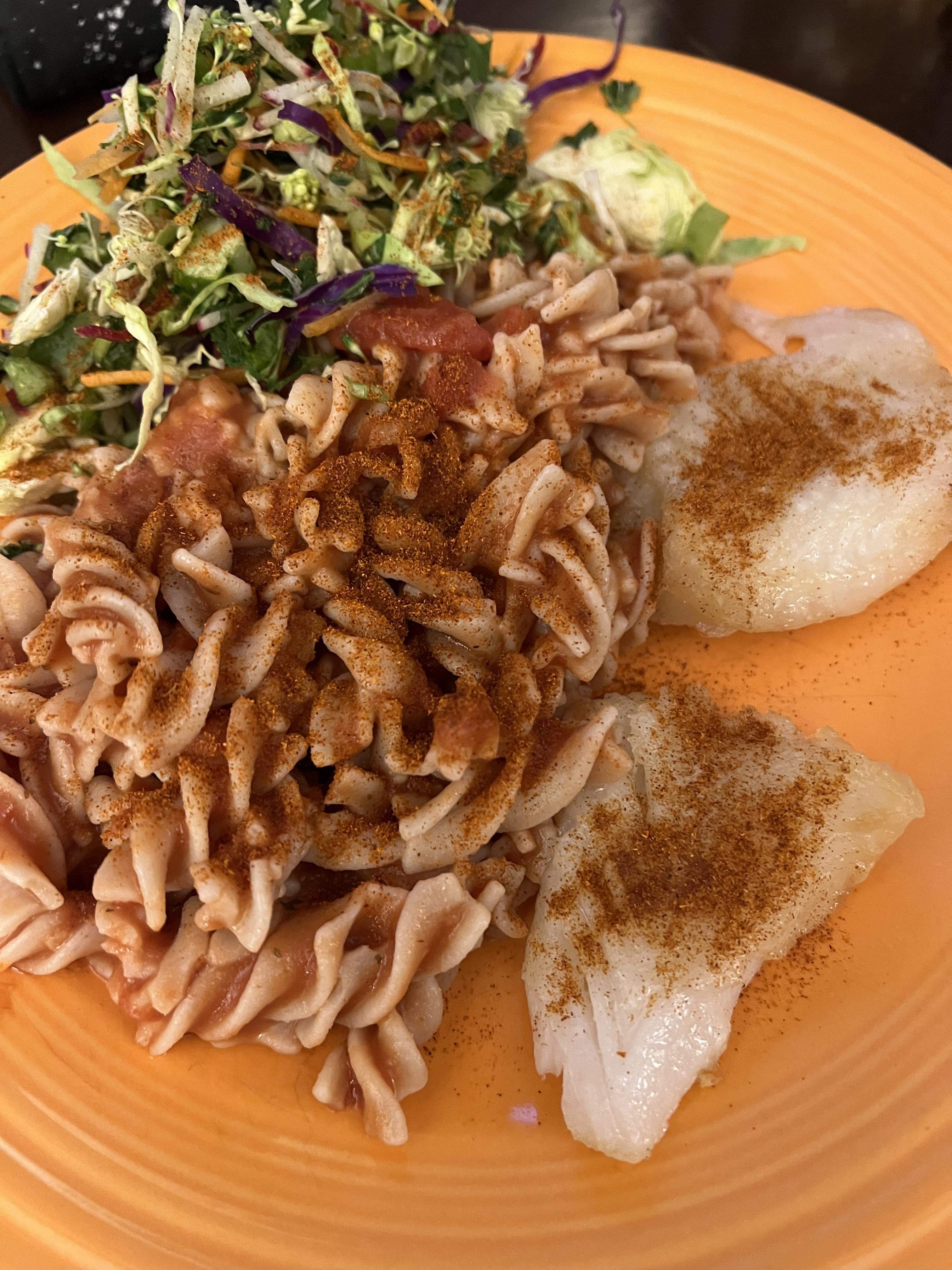 Sea bass with quinoa and brown rice pasta Dining and Cooking