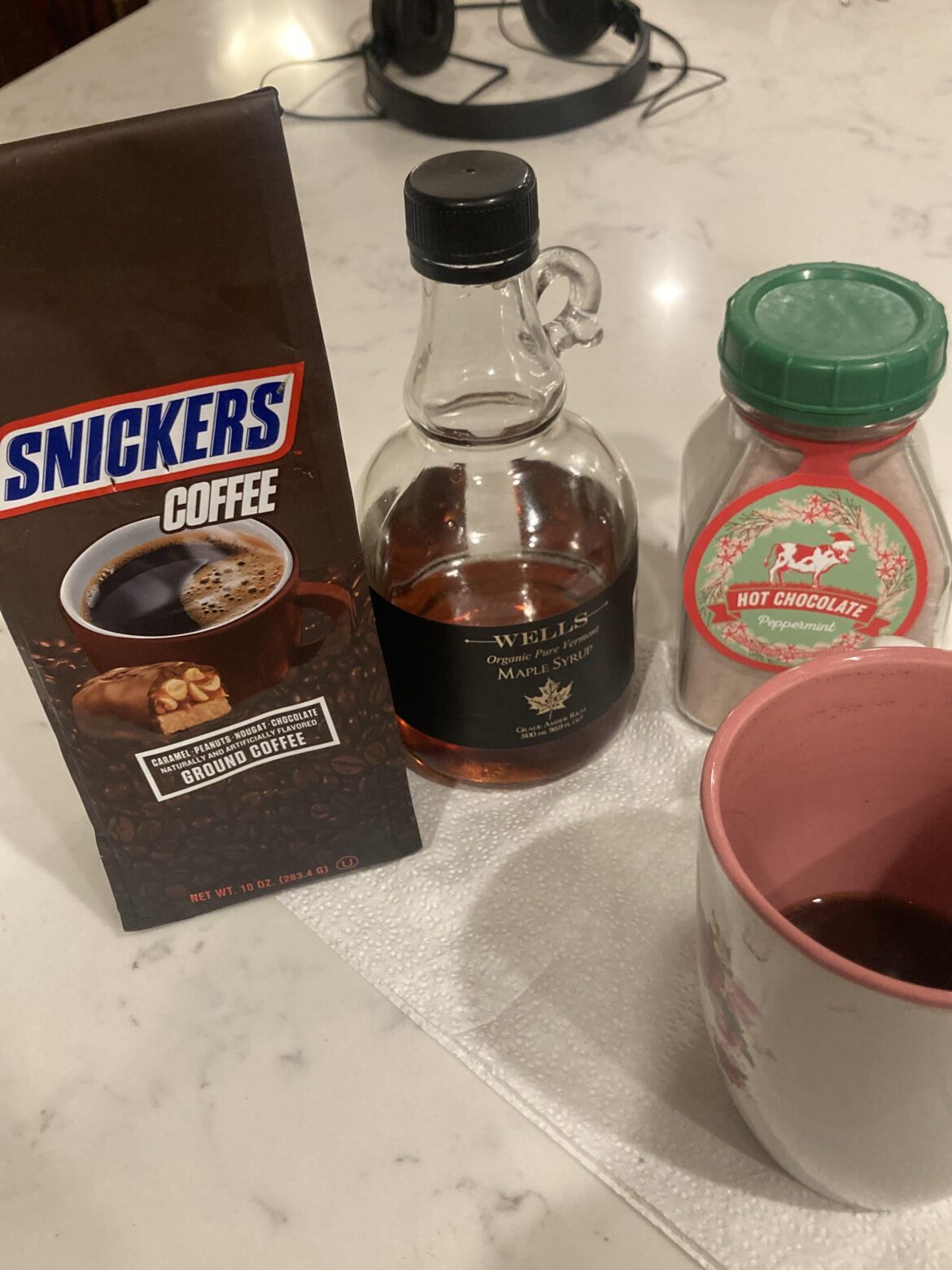 REAL maple syrup, chocolate, Snickers coffee. I don’t ever drink coffee. But this combo (sometimes no chocolate) has me swayed. Details in comments.