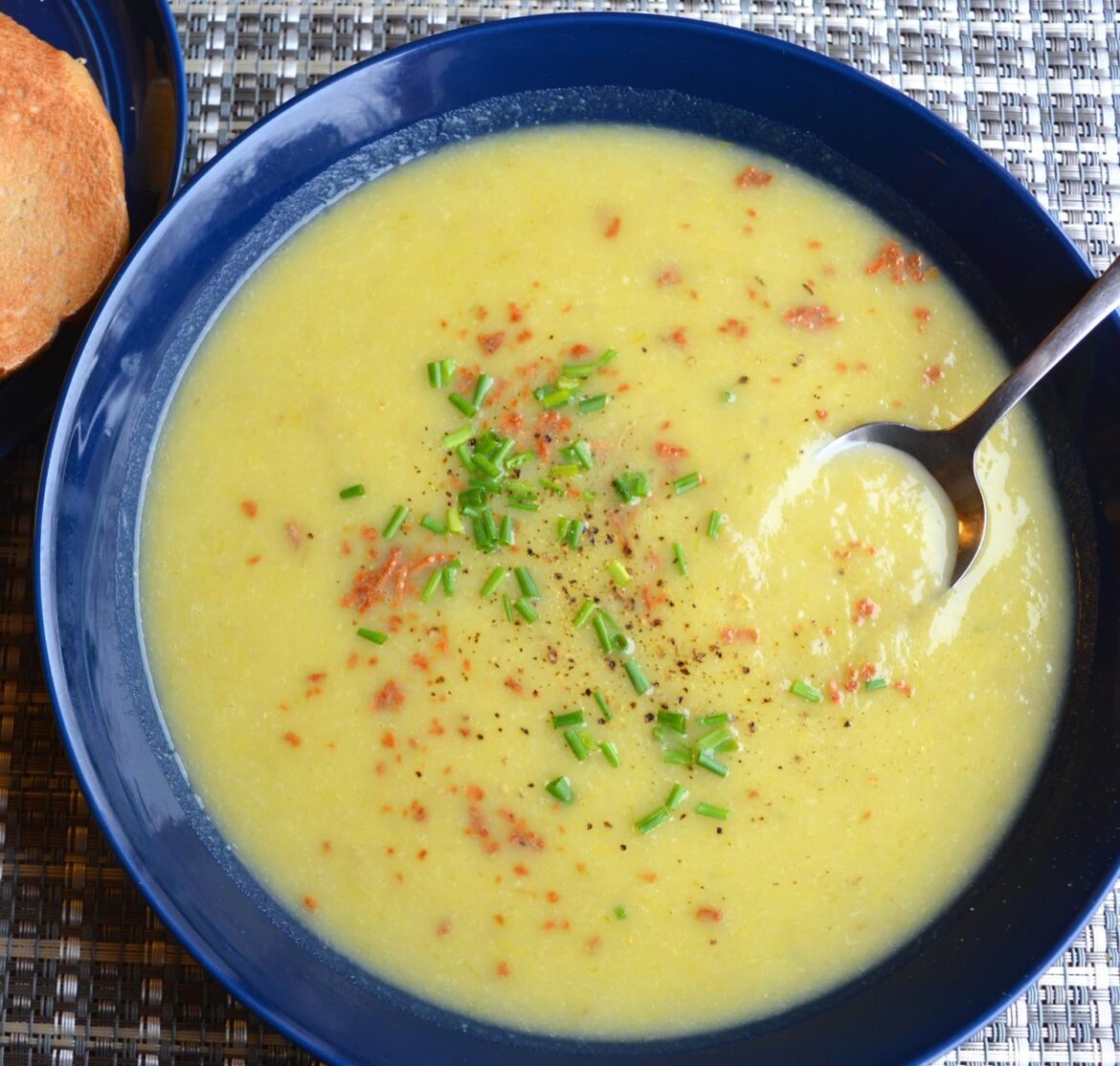 soup as a snack - 186 calories for 2 cups of potato leek soup with bac'n bits and chives