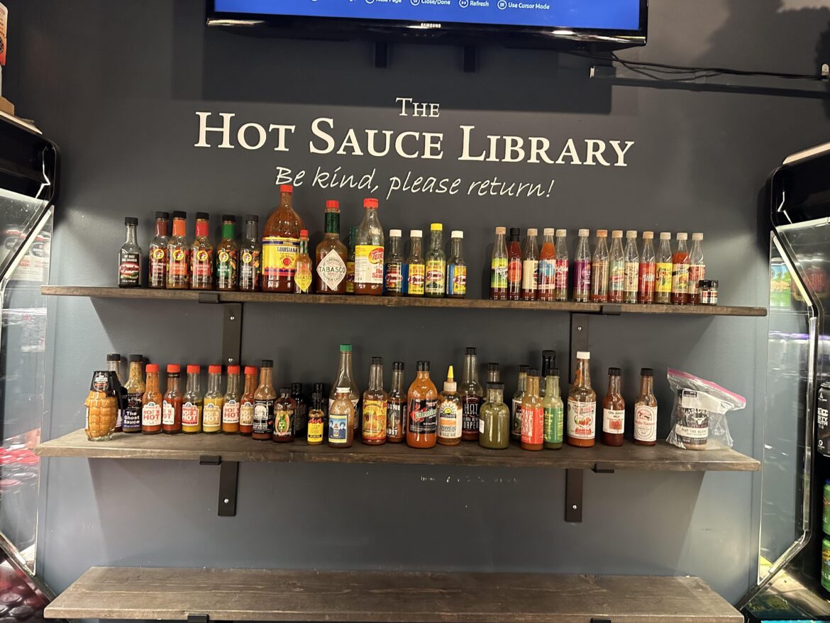 Hot sauce library at a brew house
