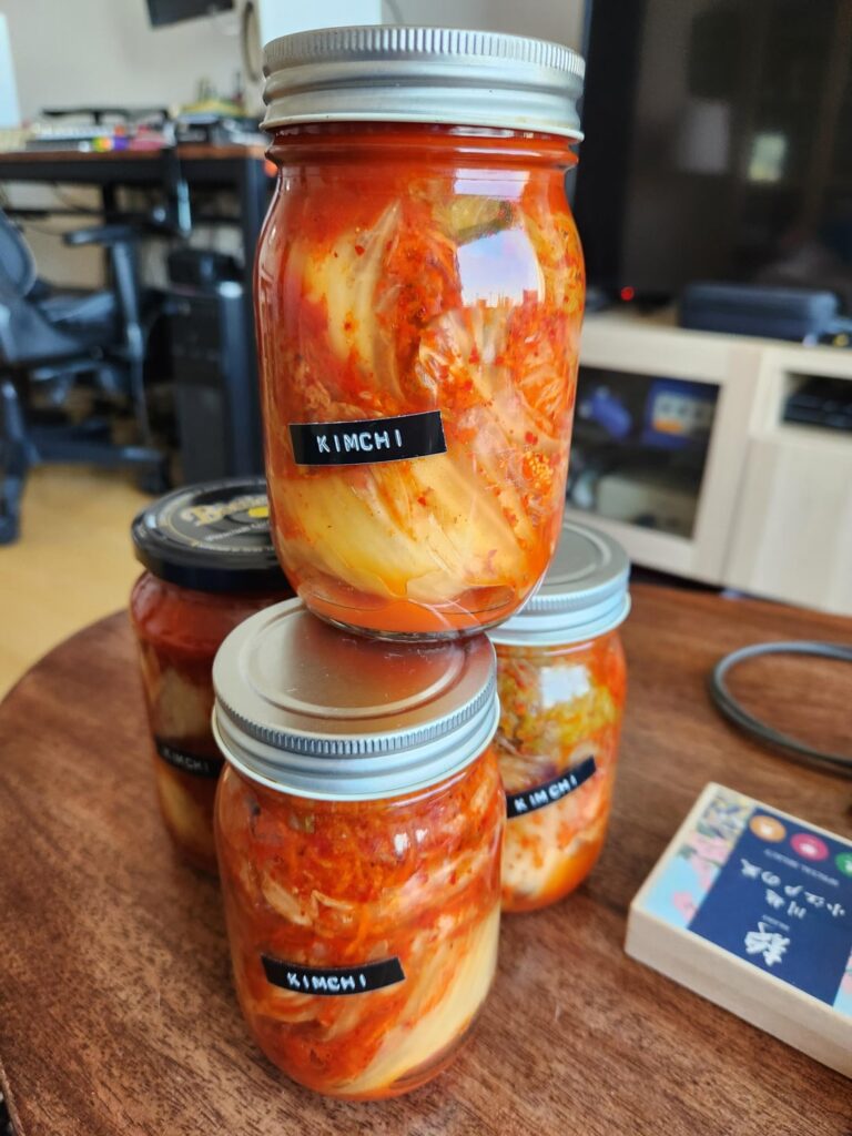 My special extra spicy kimchi, three jars for my friends who harvested the cabbage and carrots, and one for me.