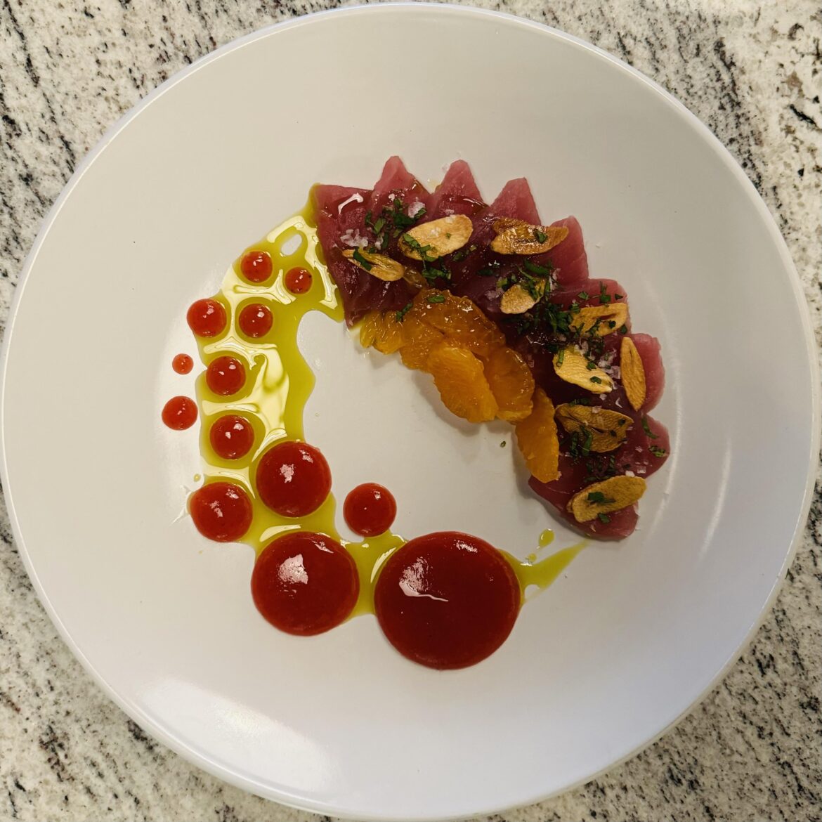 Tuna Crudo • Cranberry Apricot Shrub • Soy Compressed Satsuma • Garlic Chips • Mint • EVOO • Flakey Sea Salt