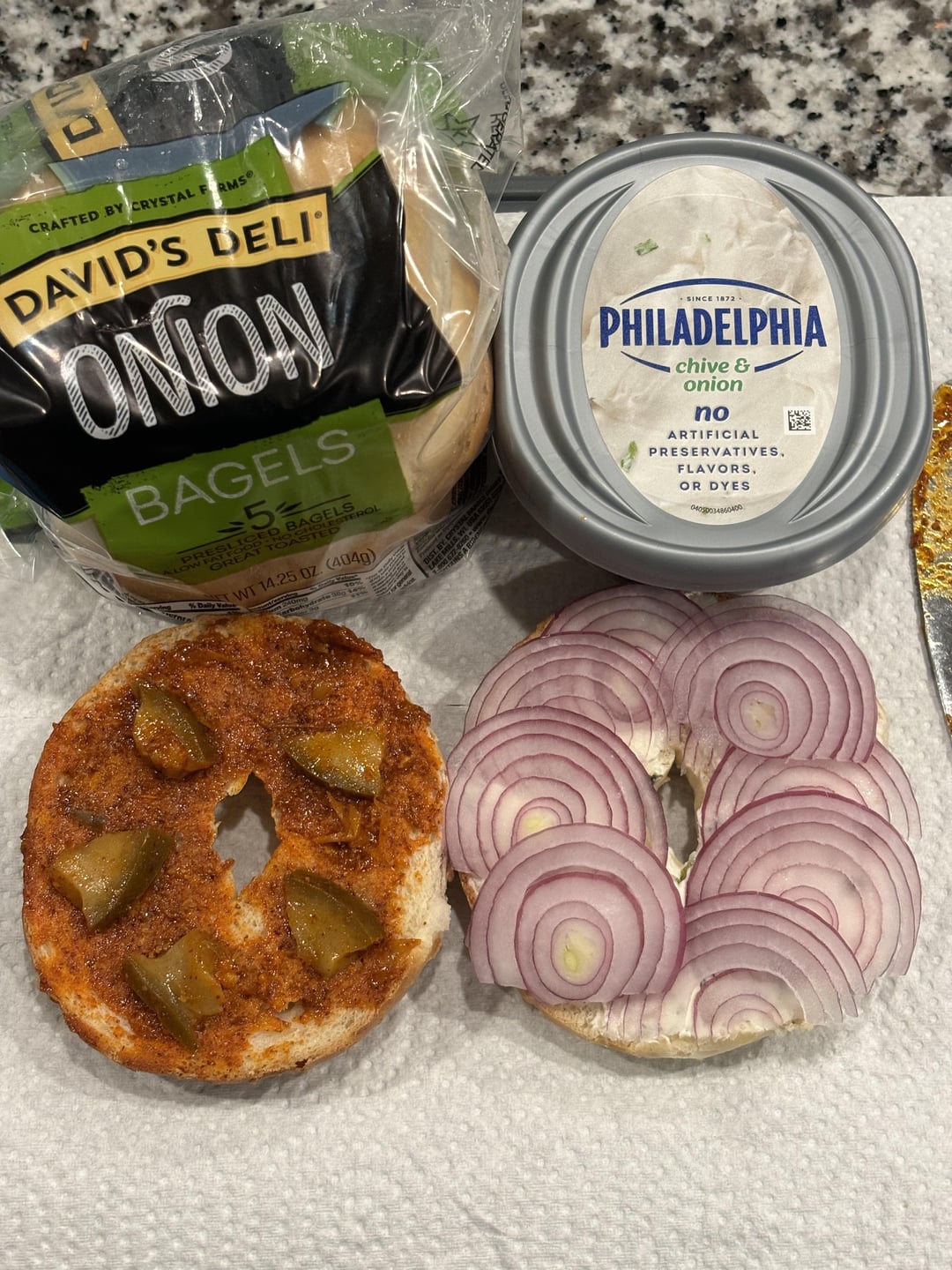 Onion bagel, onion and onion cream cheese with mango pickle. Dining