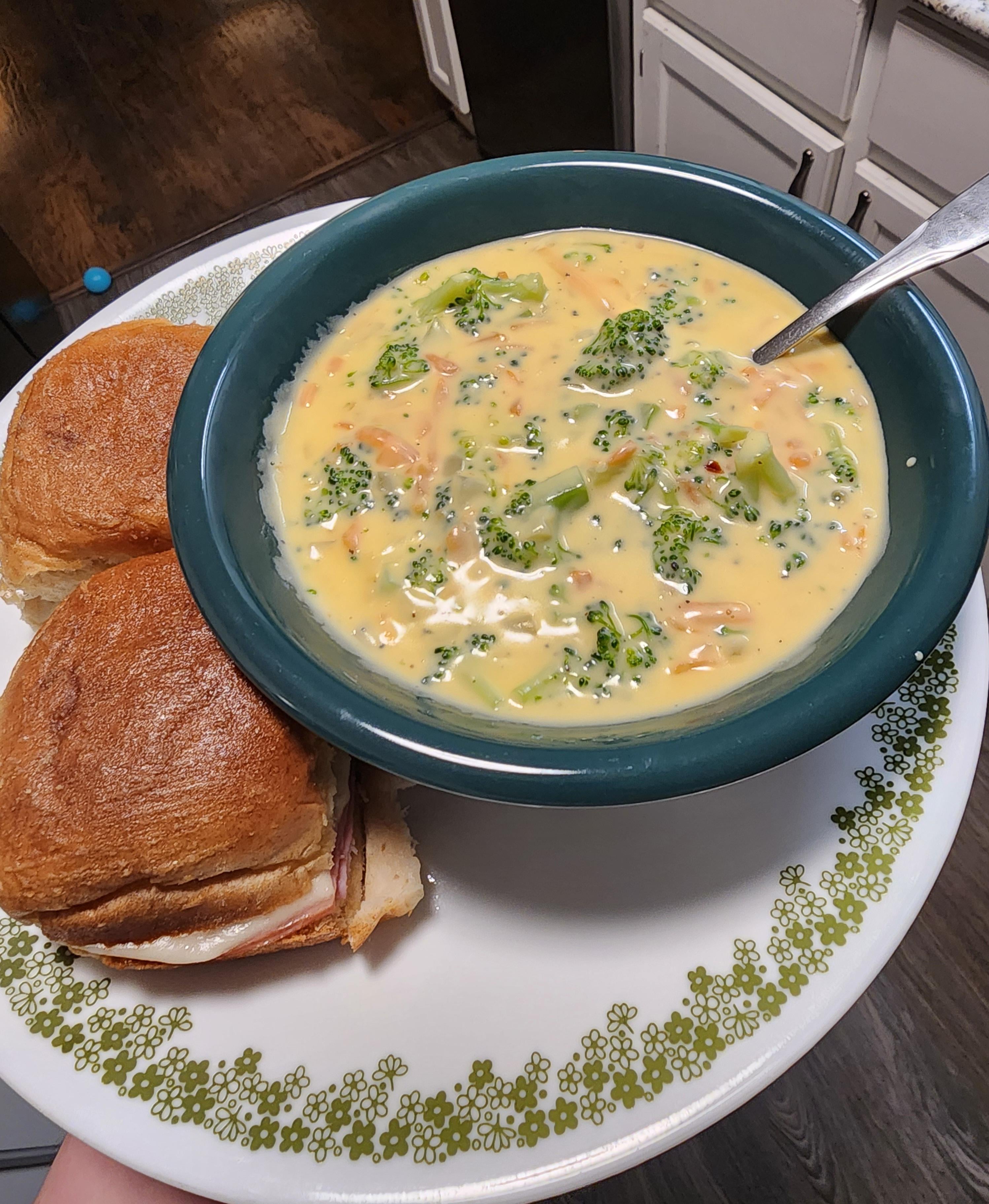 Broccoli cheese soup with ham & cheese sliders Dining and Cooking