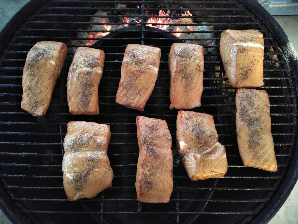 Hot smoked salmon portions on my Weber kettle