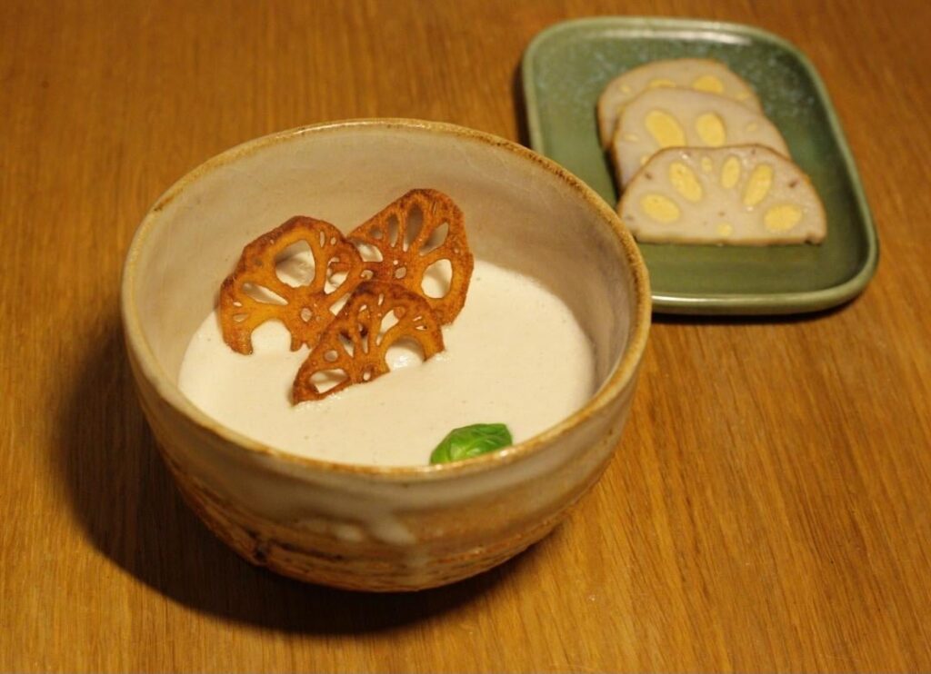 Lotus root so°up, mustard-miso stuffed lotus