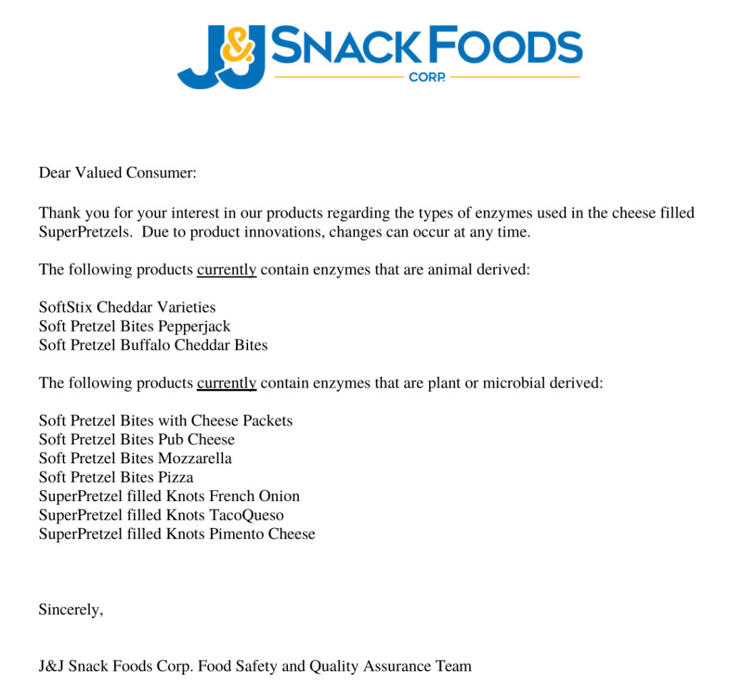 Super Pretzel vegetarian cheese enzymes (10/23/23) Super Pretzel vegetarian cheese enzymes (10/23/23)