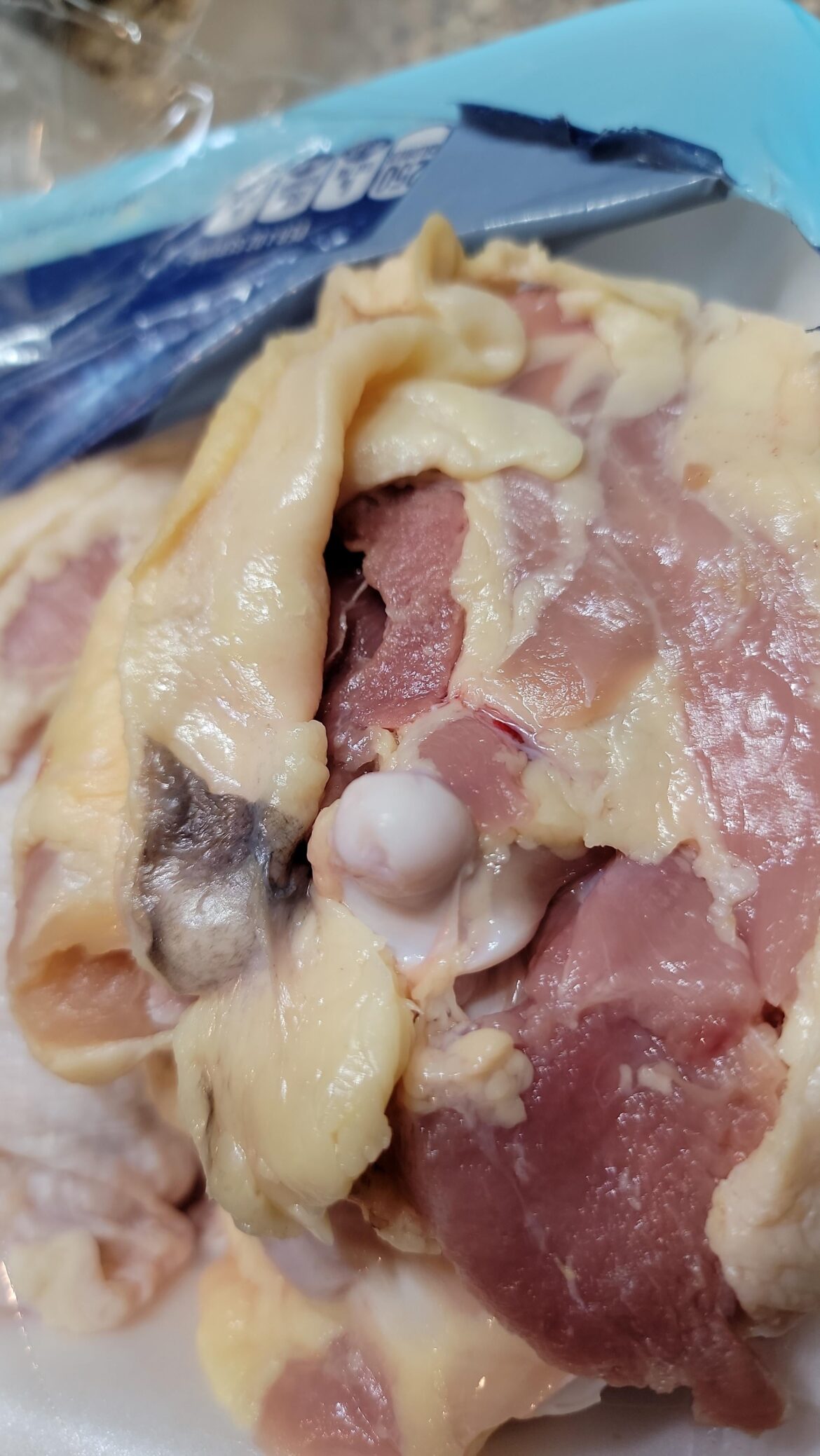 Black on raw bone in thighs