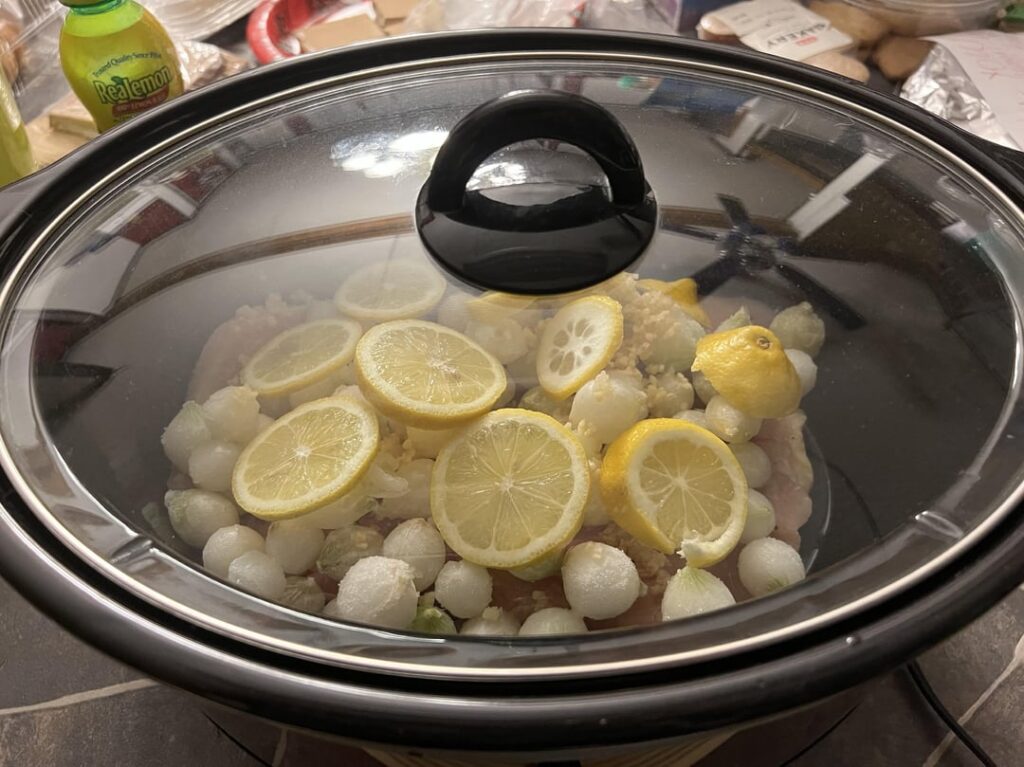 Lemon pepper chicken with pearl onions