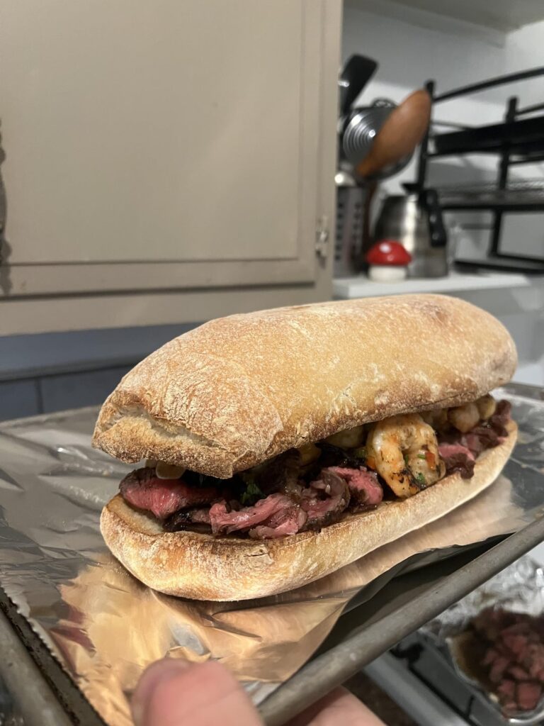 Honored that the security guard trusted me to make another surf and turf sandwich. Honored that the security guard trusted me to make another surf and turf sandwich.