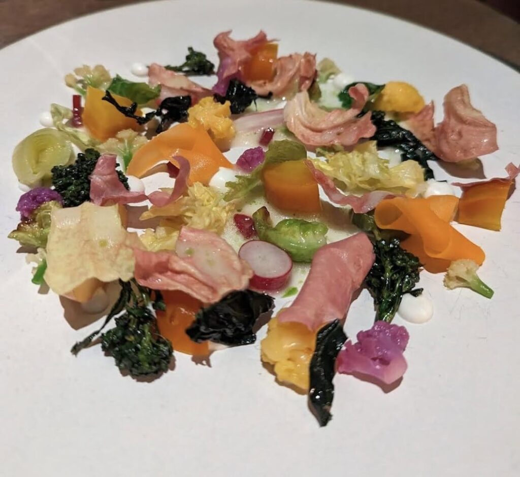 It’s my wife’s birthday, so I made dinner for once! (1) Michel Bras’ Gargouillou Salad (2) Vegetable Pot-au-Feu with Beef (3) Panettone with Gelato and Hazelnut Zabaione