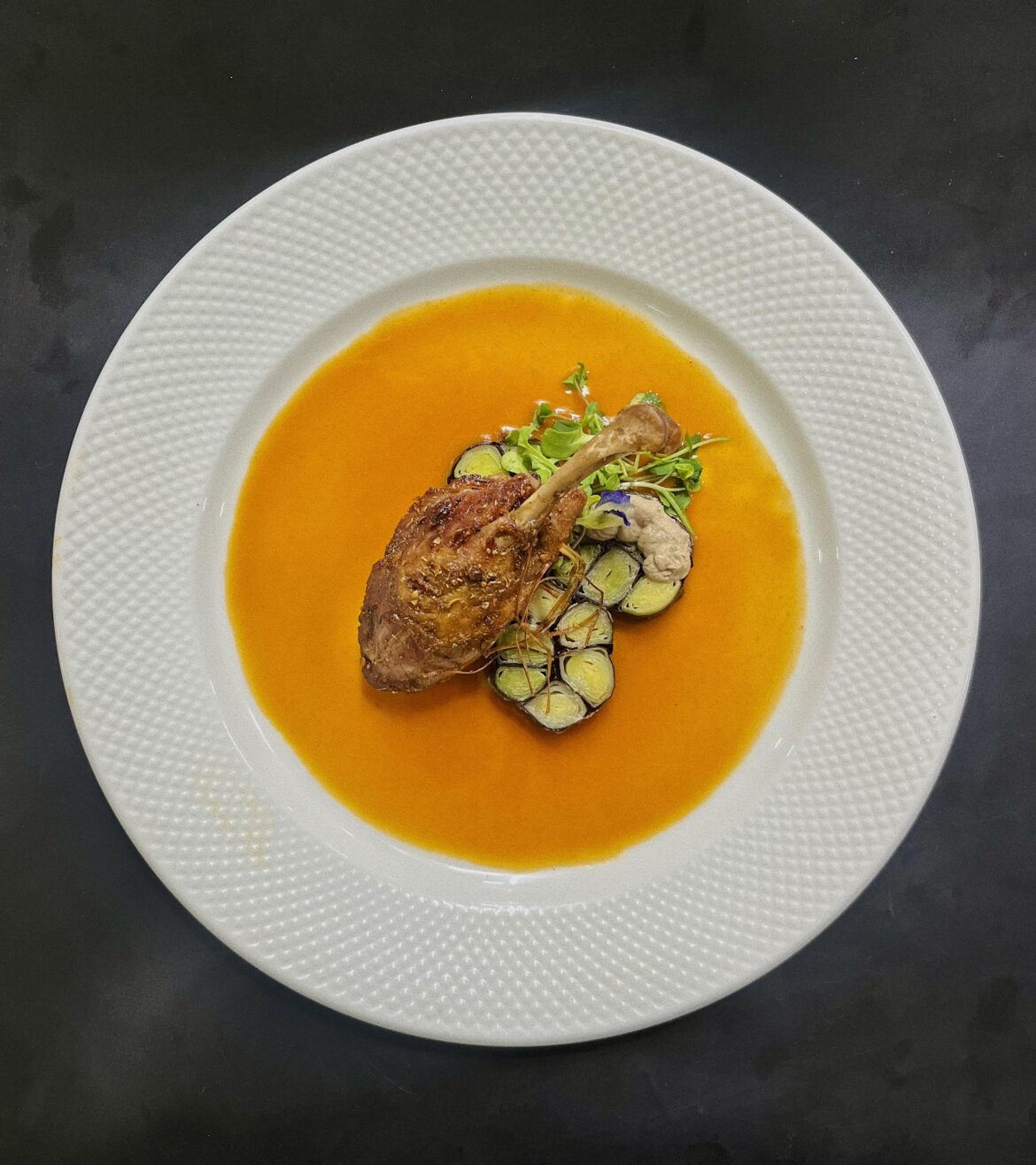 5 Spice Confit Duck, Confit Leek Mosaic, Duck Heart and Liver Pate, Orange Sauce