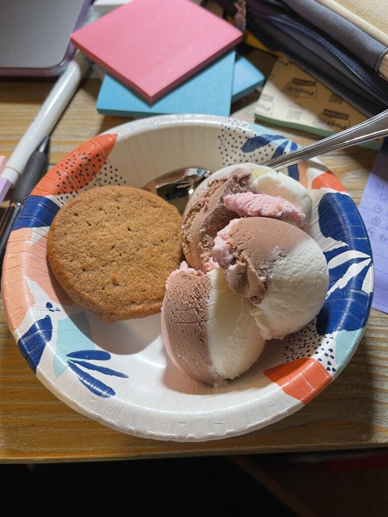 Tate’s Bake Shop Gingersnap Cookie (70 cals) and 78 g Breyer Carb Smart Neapolitan Ice Cream (100 cals) for a study snack!