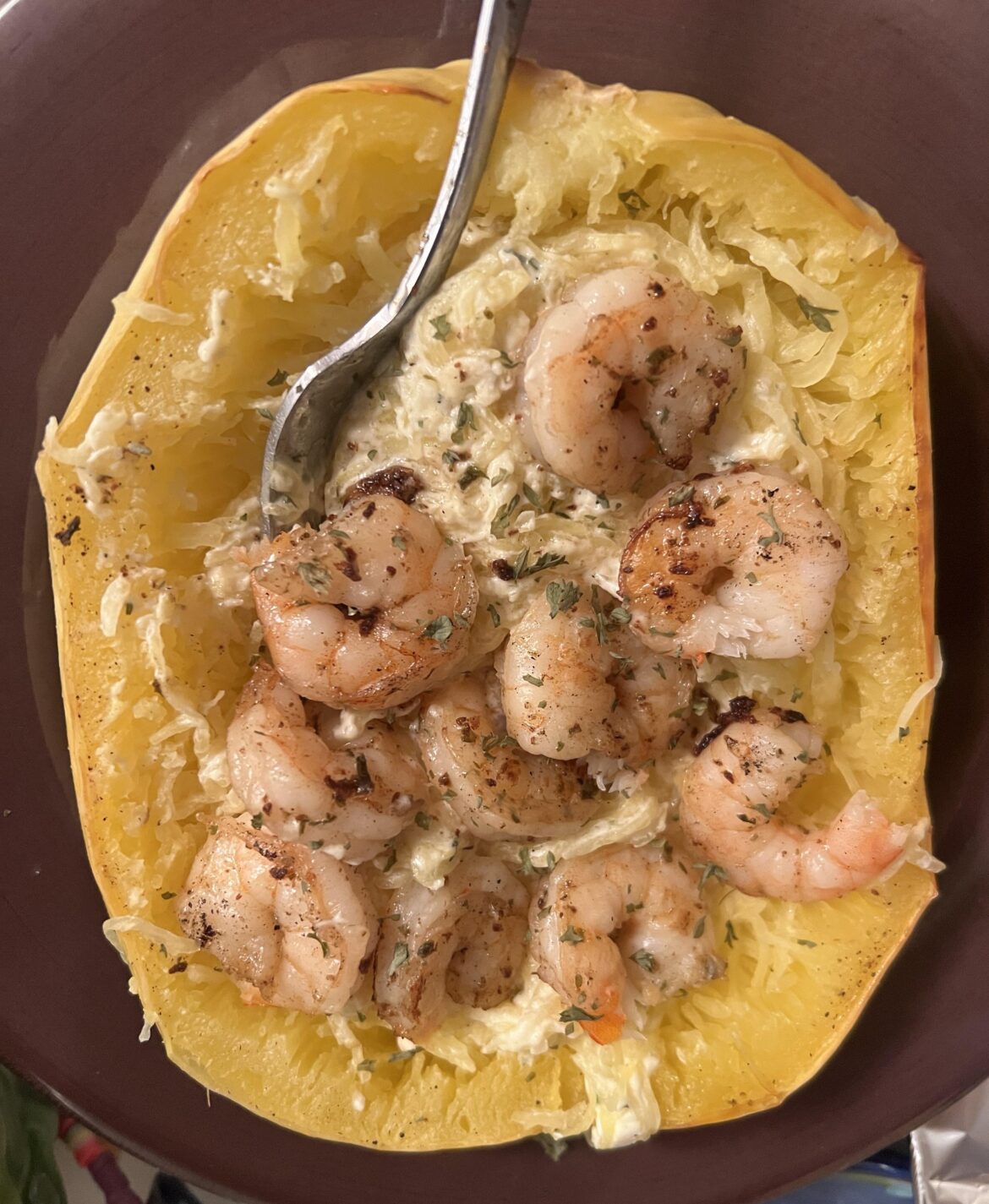 Grilled shrimp with Boursin, spaghetti squash bake