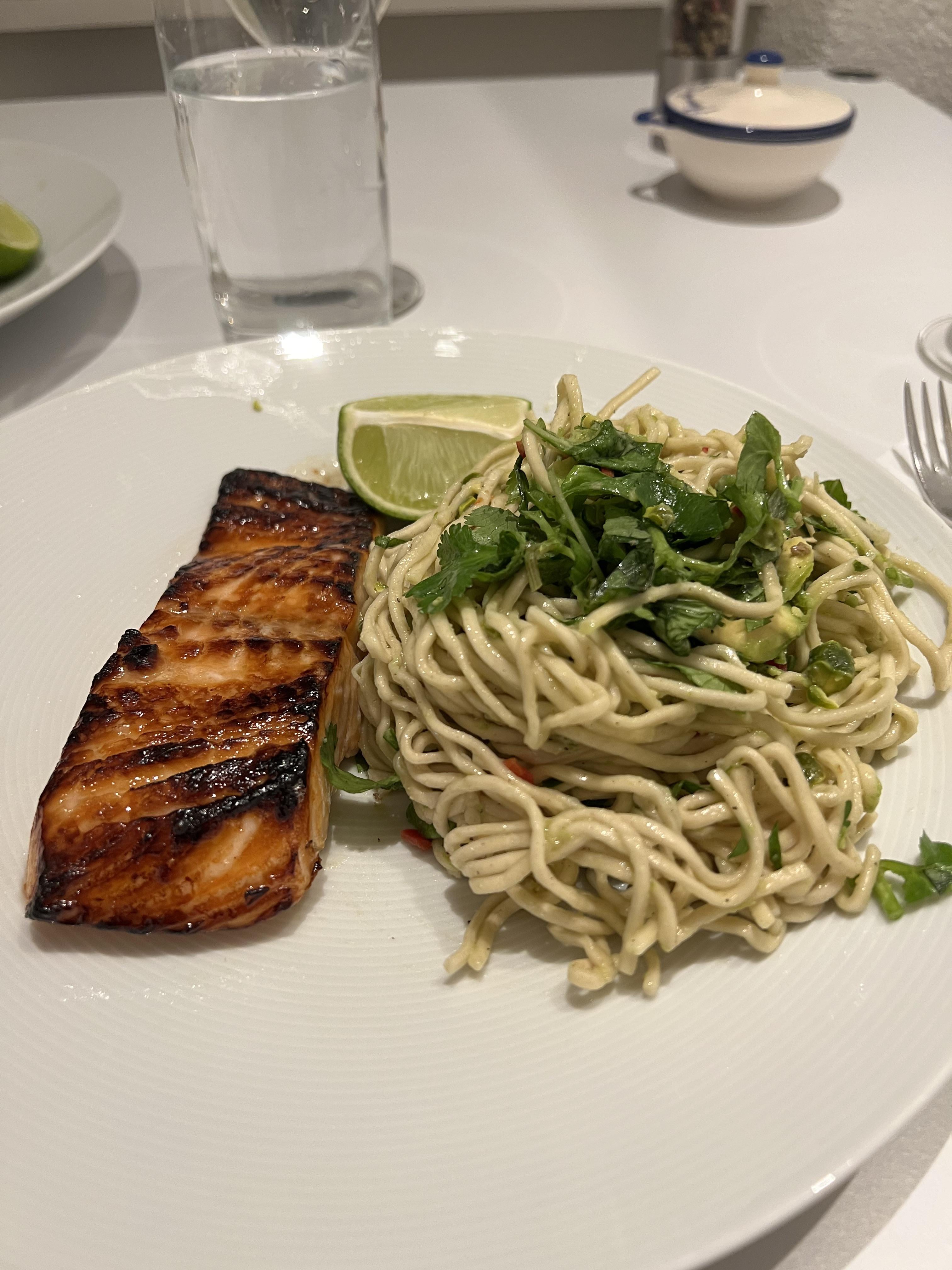Kenji’s Miso glazed salmon with pasta by Ottolenghi. Best salmon we’ve ever made! Dining and