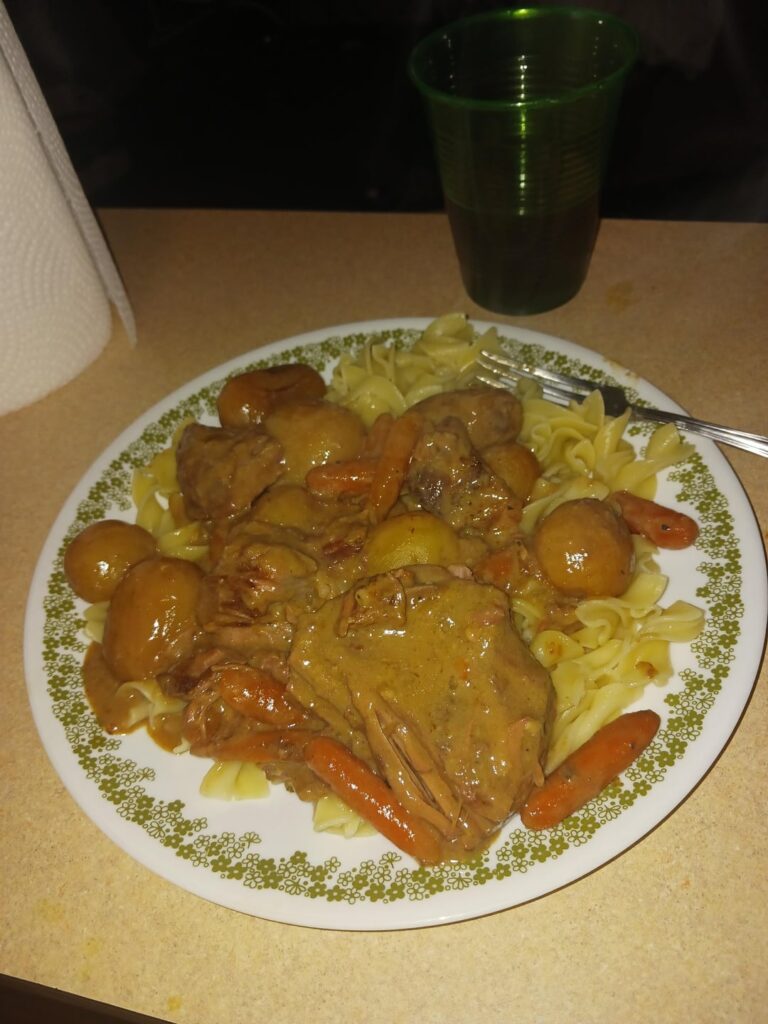 Steak potatoes carrots and gravy in slow cooker, egg noodles made in pot. Looking for ideas to add things, my gravy is 2can cream mushroom, 1pack onion soup mix, 1 pack brown gravy, 1/3 cup beef broth. Id like add more veggies, i seasoned the beef with garlic powder to create my own gmo gravy flavor