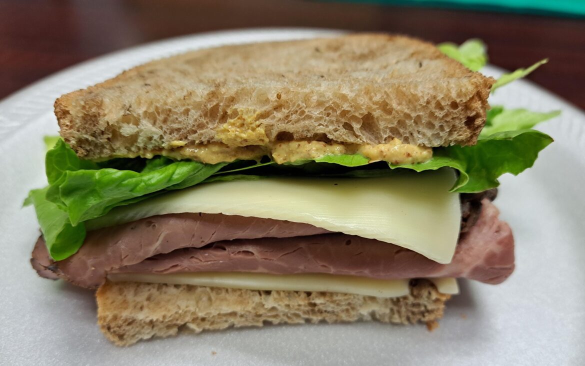 Simple roast beef, Swiss and lettuce with hot Mr. Mustard on Trader Joe's swirl rye.