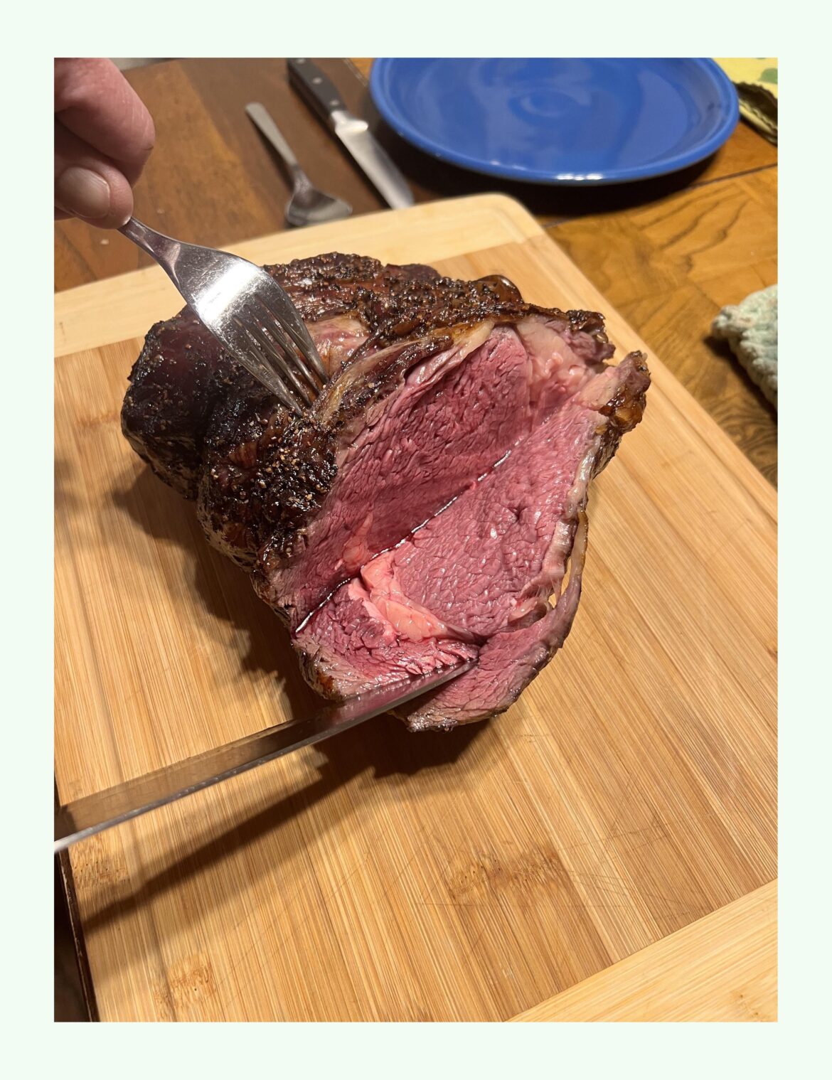 Kenji's Roasted (to 127F) and Reverse Seared (at 550) Prime Rib. From the butcher that hubby's mom purchased their prime rib for Christmas dinners before her passing a decade ago. Perfect. Happy Holidays.