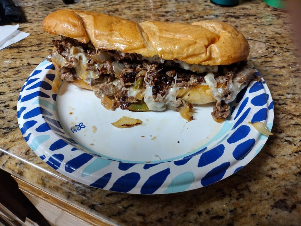 Cheesesteak with bell peppers, Monterey Jack cheese