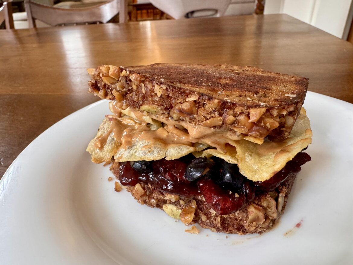 PB&J: Griddled Banana Bread, Cherry+Blueberry Jam, Crunchy Peanut Butter, and Kettle Chips... all from scratch!