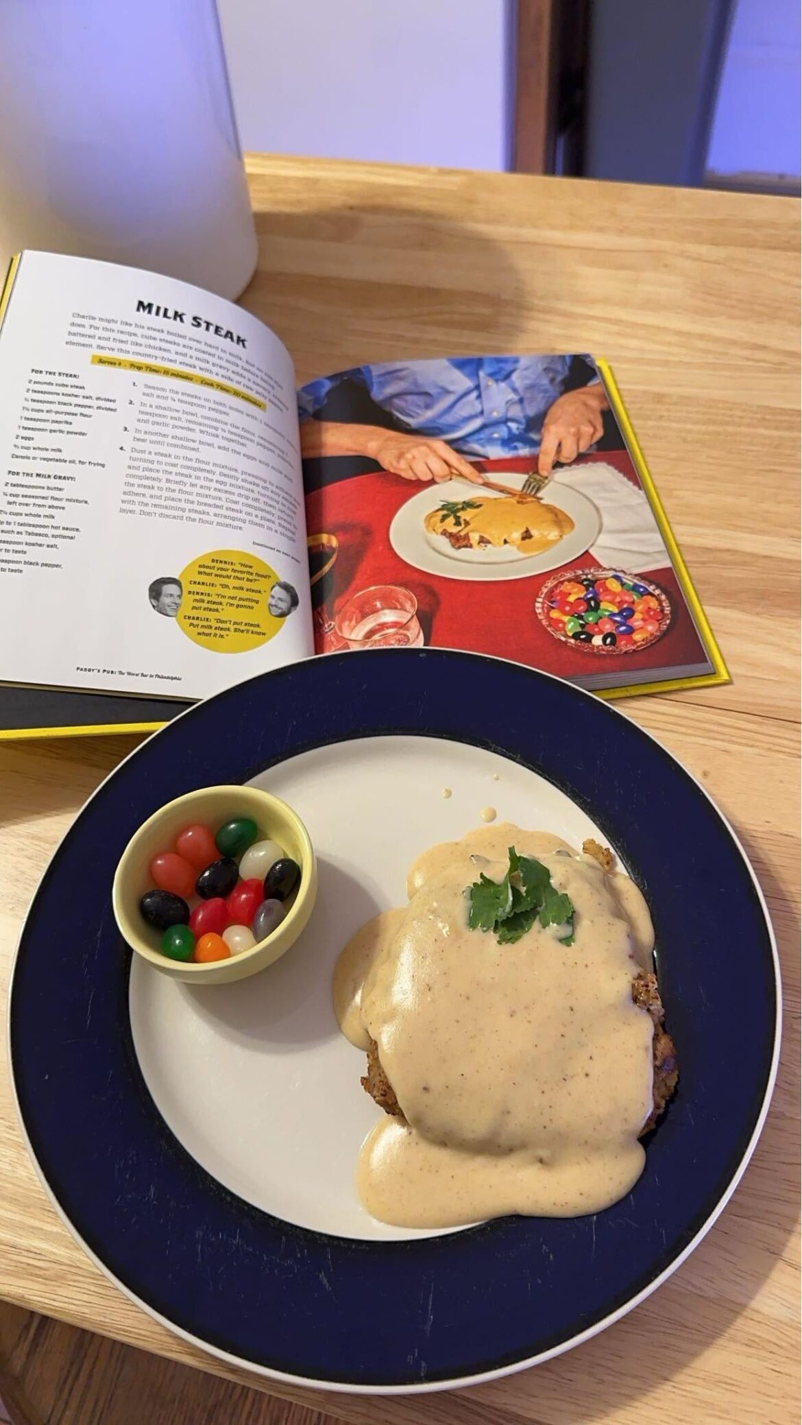 Milk steak boiled over hard, with a side of the finest jelly beans, raw.