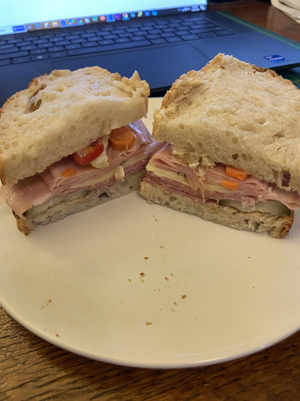 Mortadella and salami on home made bread with homemade giardiniera