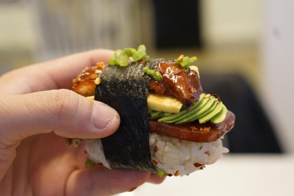 [Homemade] Spam Musubi with Egg, Eel and Avocado