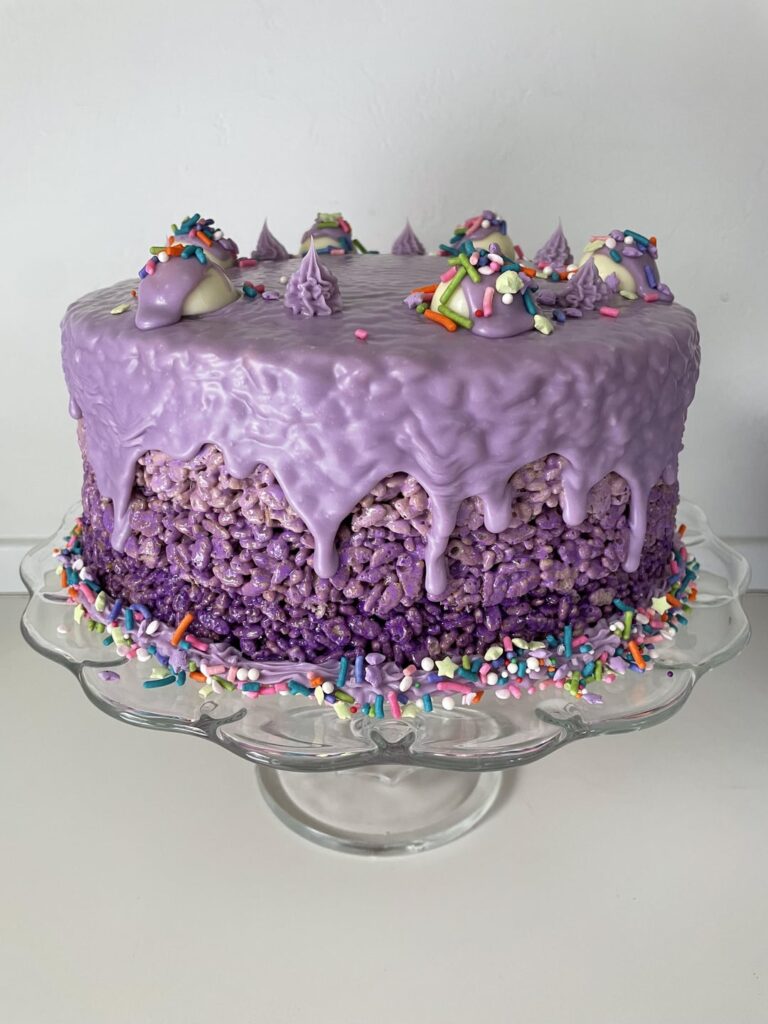 Ombré rice crispy cake with a white chocolate drizzle for my 43 year old sister in law who “doesn’t like cake”.