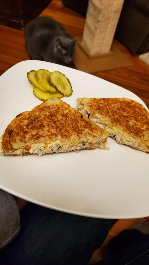Tuna melt on sourdough bread.