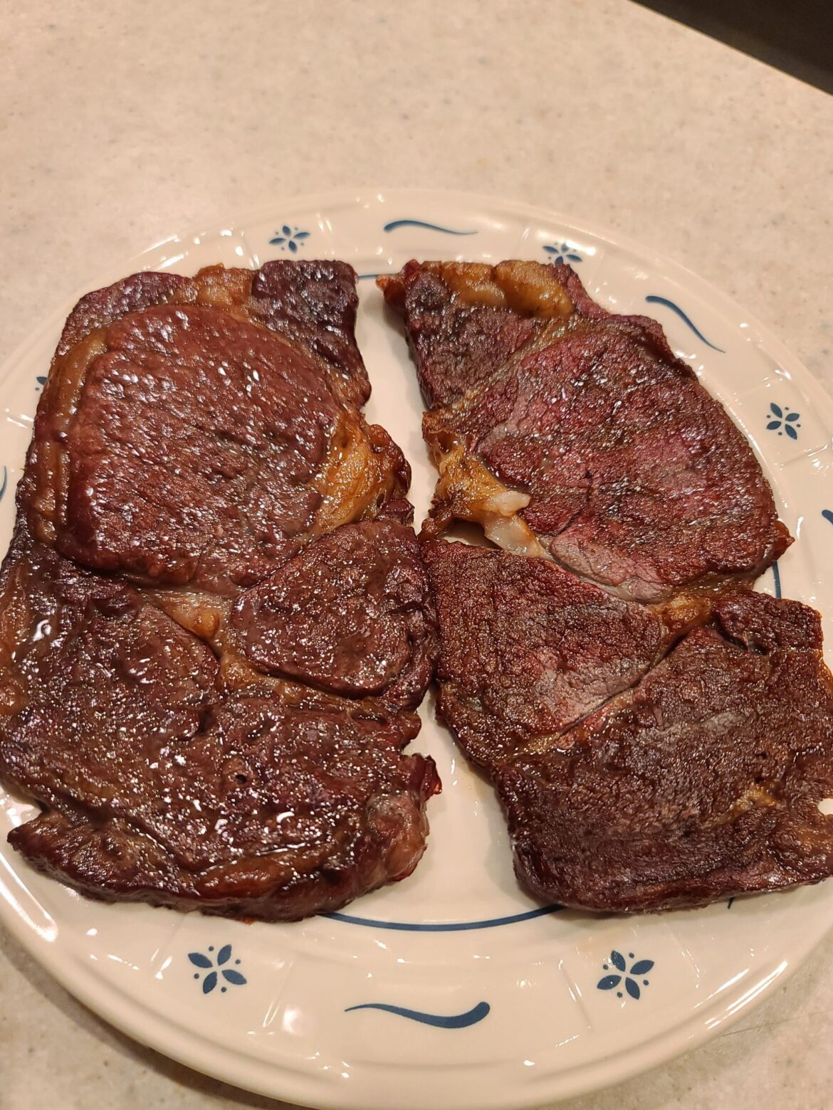 Thin cut ribeye, dry brined in the fridge two days, smoked twenty mintues, and shallow fried in avo oil to sear.