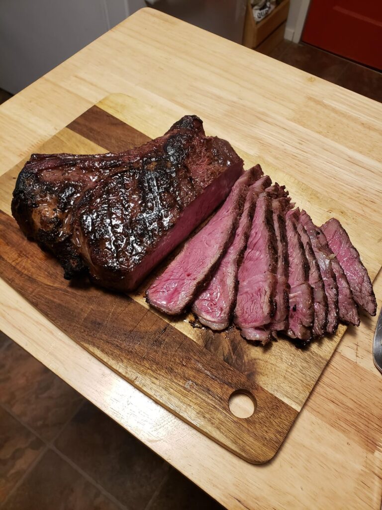 Single bone prime rib roast. 4 hrs at 56c (133f). 30 min cold water immersion. 3 min/side over very hot charcoal. Best piece of meat I've eber cooked.