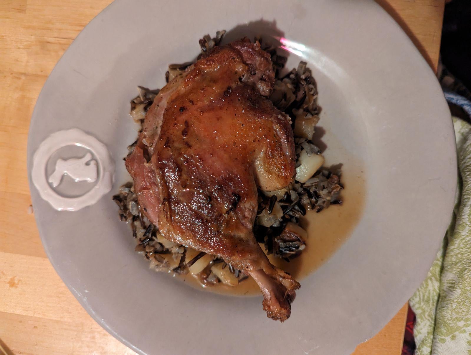 "confit" duck leg I did sous vide with roasted turnip and wild rice