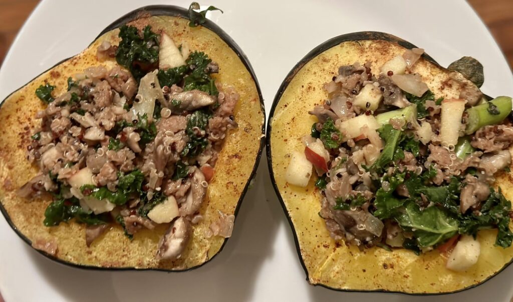 Stuffed acorn squash with beyond sausage, quinoa, mushrooms, apples, kale … 340 cal for one half Stuffed acorn squash with beyond sausage, quinoa, mushrooms, apples, kale … 340 cal for one half