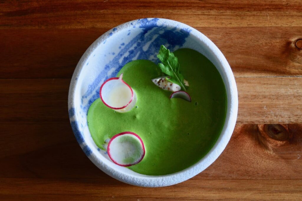 Green Vichyssoise, Lime-Cured Diver Scallop, Confit Potato, Grainy Mustard, Radish