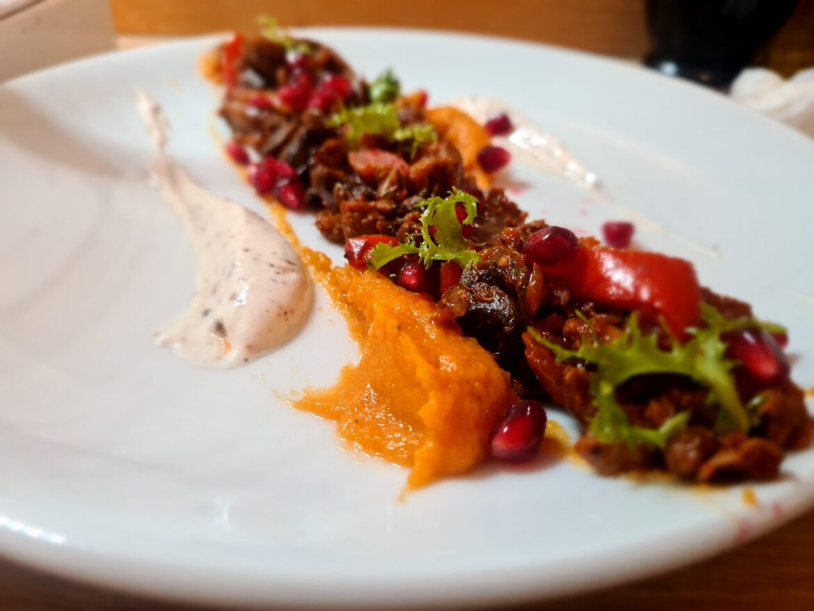 Plant Based Meat and Sage Smoked Sweet Potato Puree