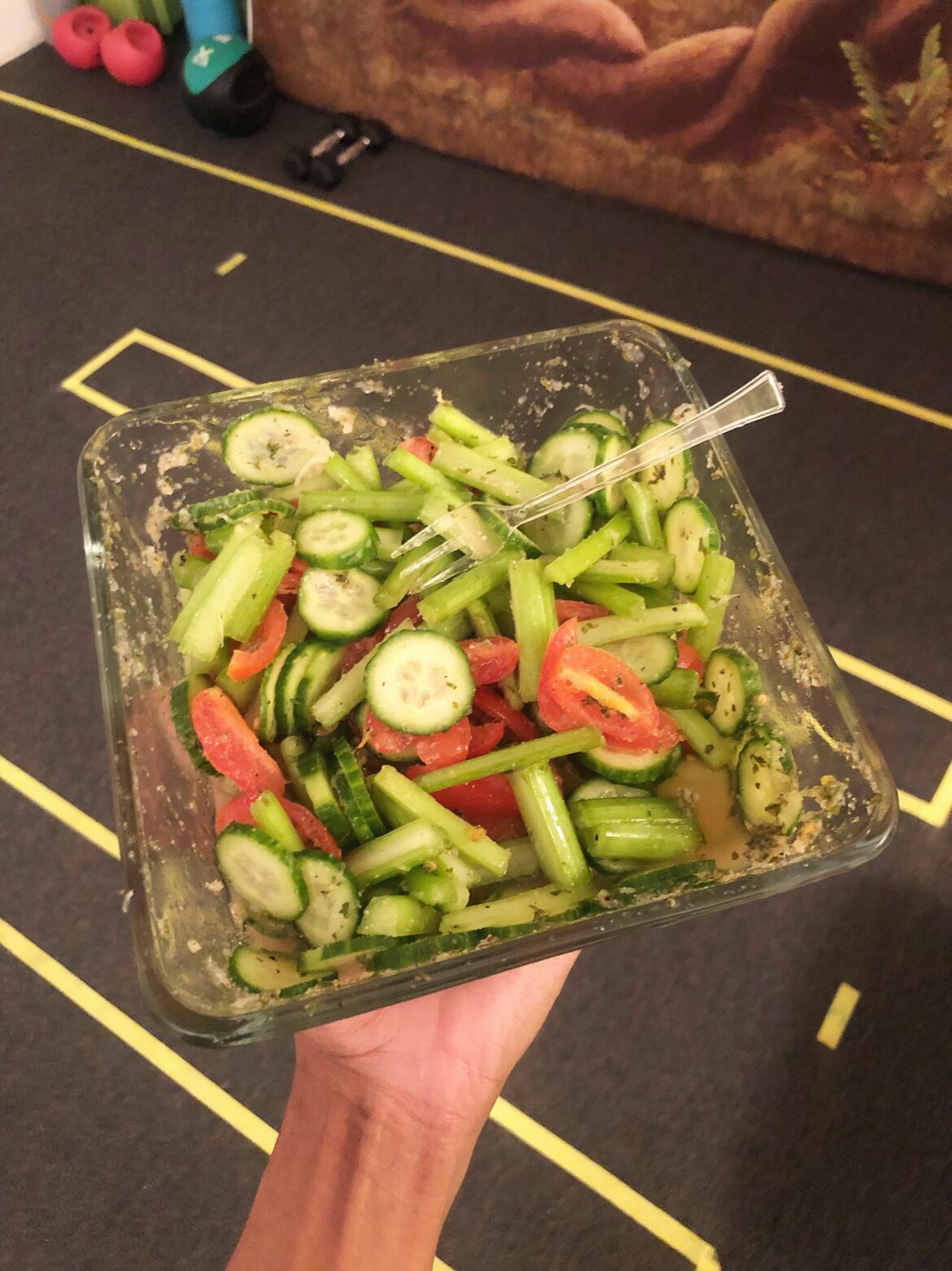 Cucumber Tomato Salad Over Celery with Lemon, Onion Powder, Blk Pepper, Parsley and 1/4Tsp Sea Salt - 78Cals - 530mg Sodium