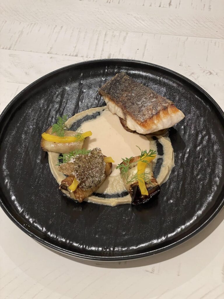Crispy Barramundi | Velouté | Aubergine Cigar and Puree | Saffron Fennel Pickle | Skin Crisp — 4 Platings