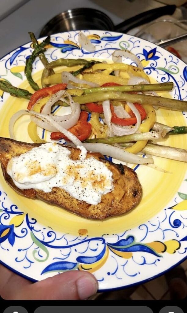 Baked sweet potato filled with ricotta cheese, side of roasted veggies! Baked sweet potato filled with ricotta cheese, side of roasted veggies!