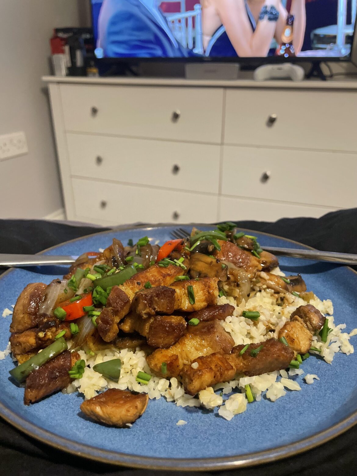 Vietnamese style belly pork and cauliflower rice.