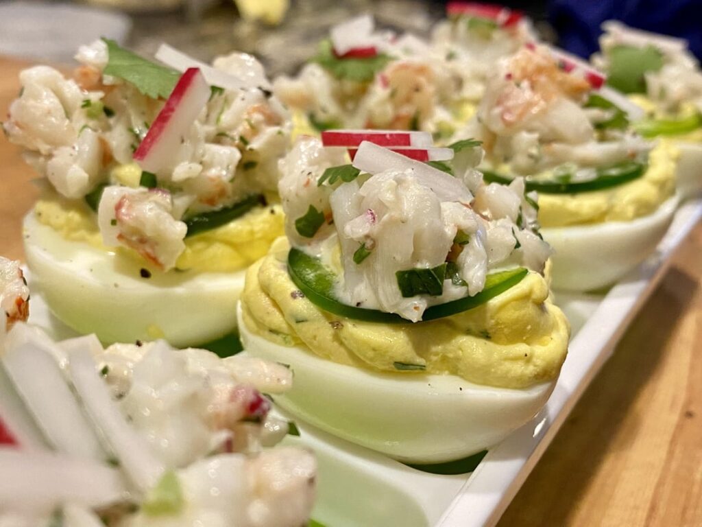 Kenji’s Deviled Eggs with shrimp, jalapeño and radish