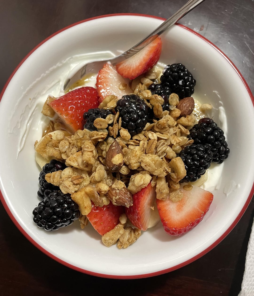 Today’s snack/second lunch! Plain greek yogurt with granola and fruits