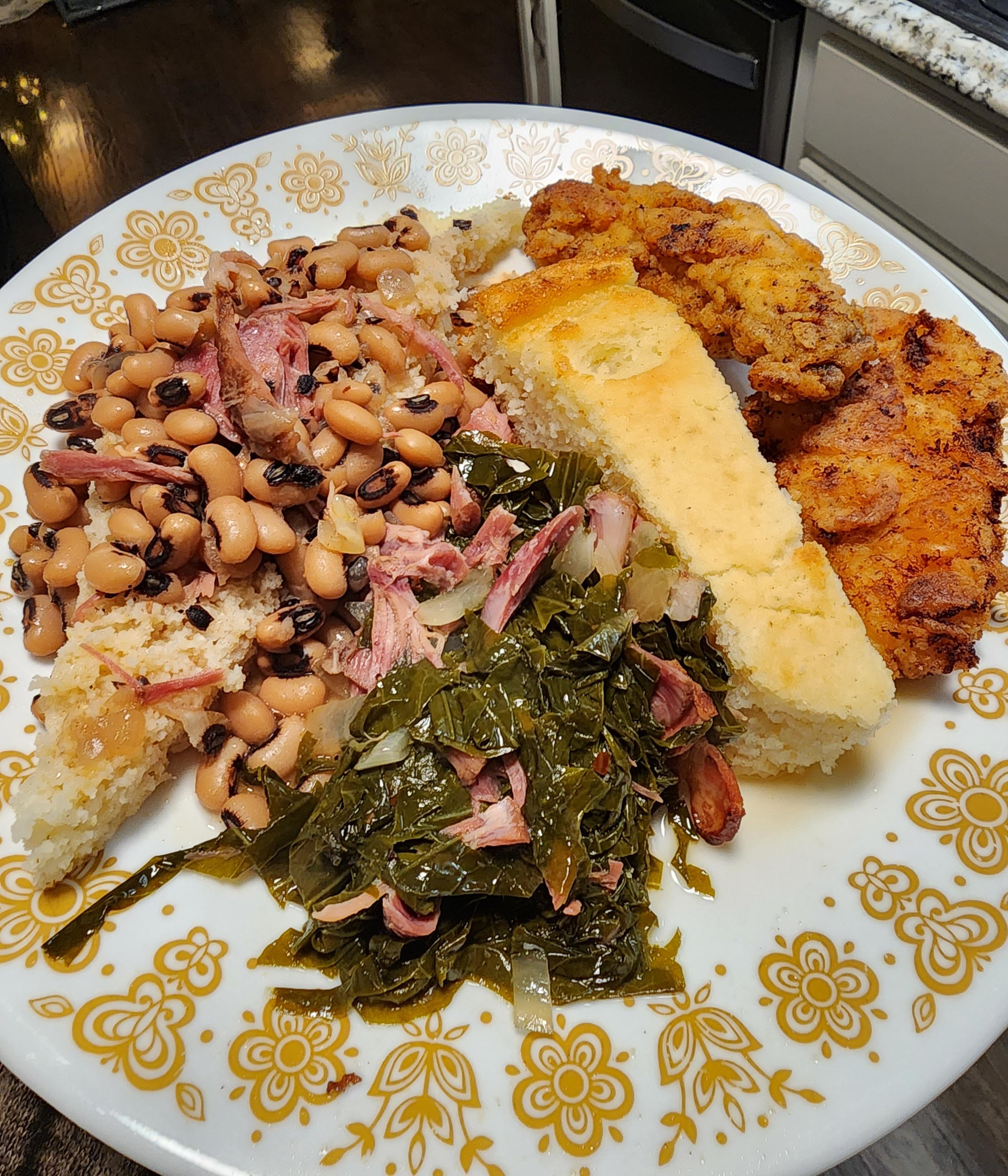 Last night's dinner black eyed peas, turnip greens, fried chicken and