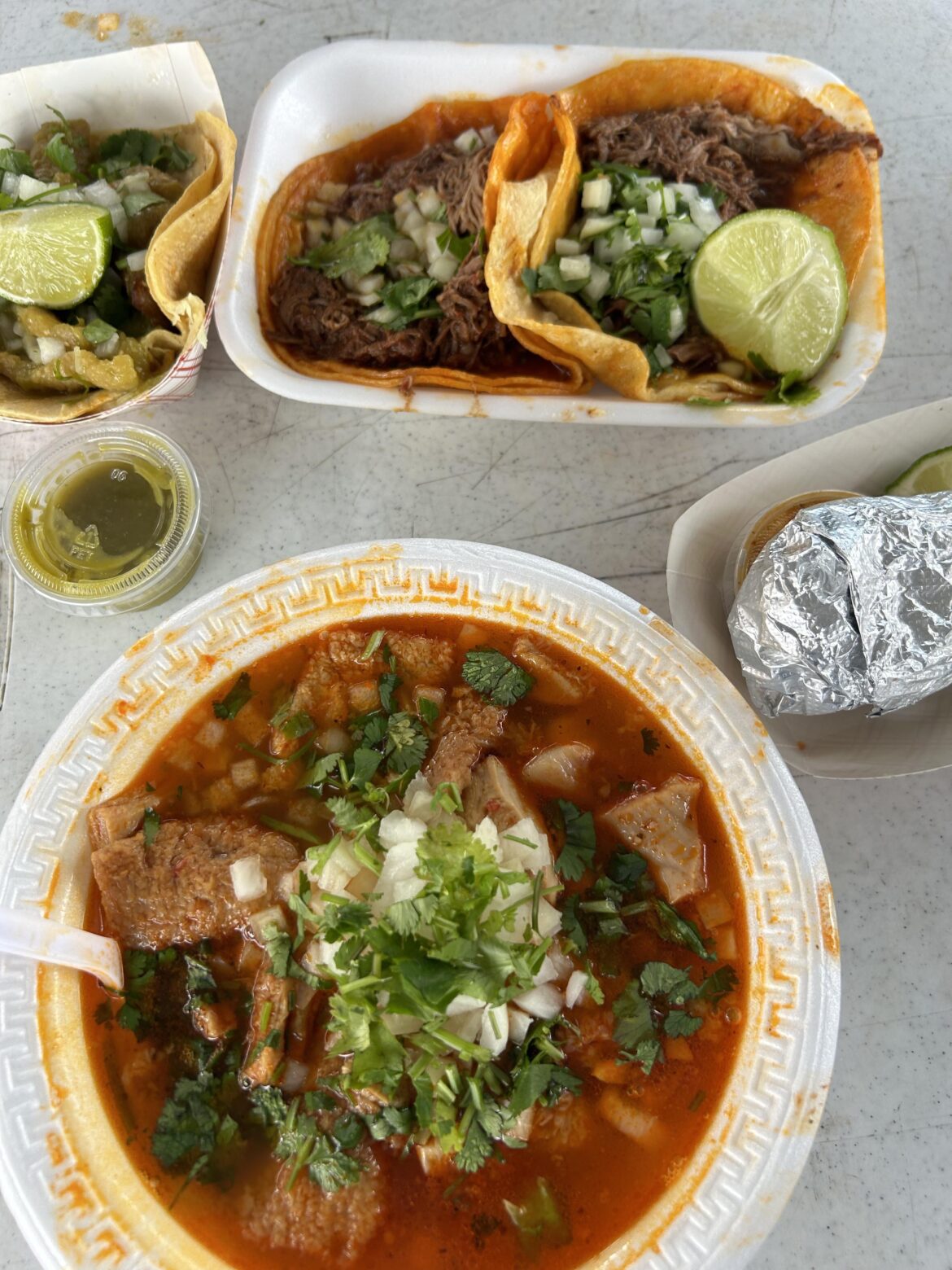 Menudo, birria tacos, chicharron taco