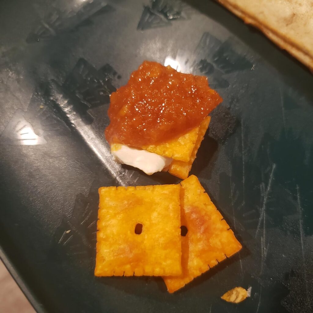What's your "someone take this away from me" snack? Cheezits, some with cream cheese, and home made chili arbol salsa.