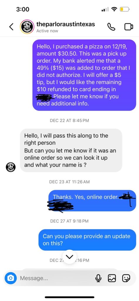 The Parlor added an unauthorized 49% tip to my order