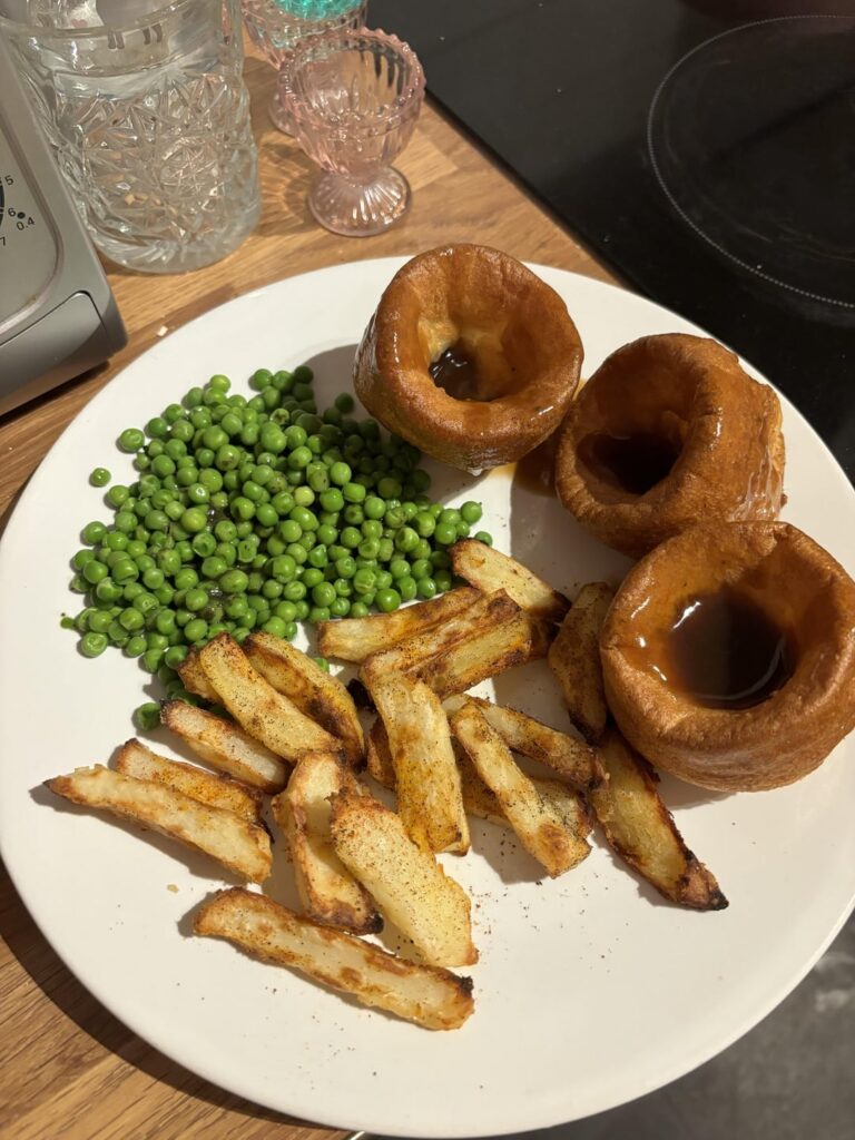 yorkshire puds, peas and homemade chips, including gravy and mint sauce - around 600